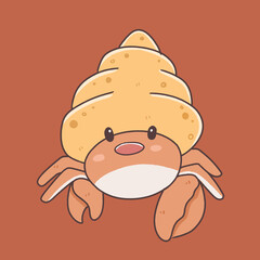 cute hermit crab cartoon character, sea animal underwater illustration and vector