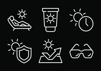 Set of Sun Protection Related Vector Line Icons. Contains such Icons as Sunscreen, Sunglasses, UV rays exposure time and more. Editable Stroke. Perfect Icon
