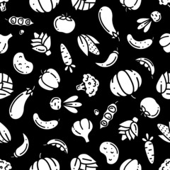 Seamless pattern with simple white silhouette vegetable icons on black vector flat background
