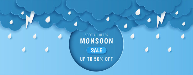 Paper cut of monsoon sale offer banner template with clouds, rain drop and  lightning on blue background. Vector illustration