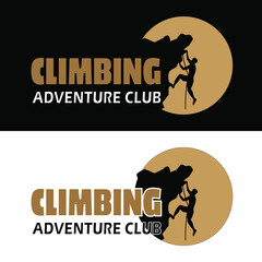 A man climb the peak of rock mountain silhouette for adventure and climbing gear shop logo design