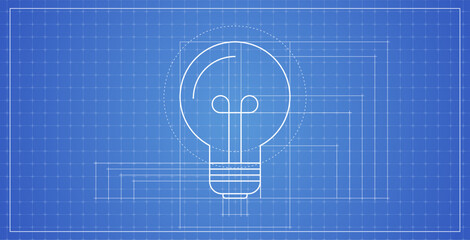 Architectural blueprint and bulb horizontal technical drawing flat illustration.