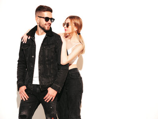 Sexy smiling beautiful woman and her handsome boyfriend. Happy cheerful family having tender moments.Young passionate couple hugging. Sensual pair isolated on white. Cheerful and happy