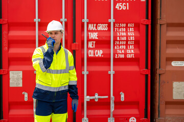 Man worker using walkie talkie to communication with colleague at container yard.