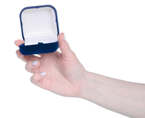 Empty blue jewelry box in hand on white background isolation