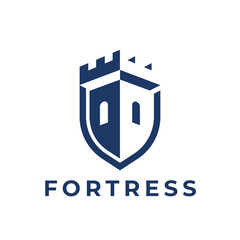 Castle shield logo. Secure fort icon. Fortress crest emblem. Vector illustration. © JoelMasson