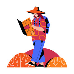 Girl traveler with a map. Vector illustration, character design.