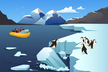 Penguins of Antarctica concept in flat cartoon design. Scientists in boat floating, penguins on ice floe on shore. Scientific research of wildlife. Vector illustration with people scene background © DesignSells