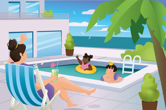 Family relaxes at swimming pool in hotel concept in flat cartoon design. Mom is sunbathing in sunbed, son and daughter are swimming in seaside resort. Vector illustration with people scene background