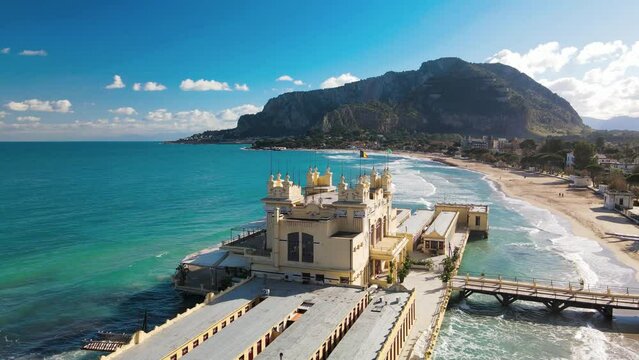 Aerial view of Mondello coastline and beach resort in Palermo, Italy