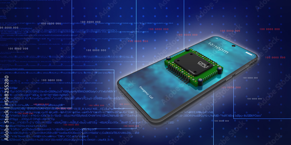 Poster 3d rendering microchips with mobile phone