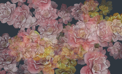 Tekstura z motywem dzikich róż w odcieniach różu, żółci i szarości. Grafika cyfrowa przeznaczona do druku na tkaninie, ozdobnym papierze, tapecie oraz jako tło.
