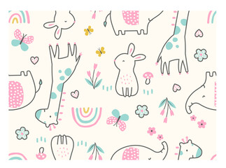 Cute bunny, giraffe, elephant with flower and butterfly