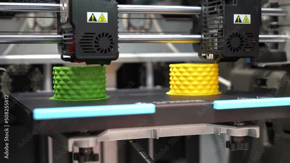 Poster a 3d printer in the laboratory prints a structure from a polymer