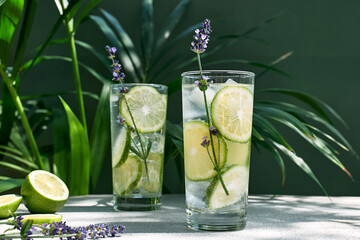 Cool lavender lemonade with lime slices and lavender flower on the table near dark green wall and palm leaves. Healthy organic summer soda drink. Detox water. Diet unalcolic coctail.