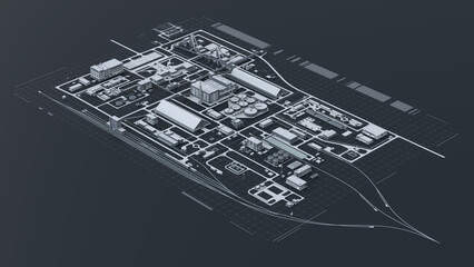 Industrial infrastructure in isometry on a dark background. The territory of a large factory with a railway, buildings and a pipeline. Mine complex, top view. 3d illustration