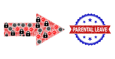 Vector sars virus mosaic arrow direction icon, and bicolor scratched Parental Leave seal. Mosaic arrow direction icon is designed with SARS virus, lockdown, exclamation elements.