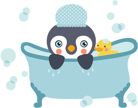 Baby boy penguin taking a bath with shower duck