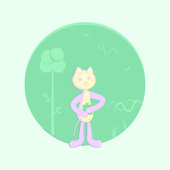 Vector colorful stripy cat pet standing nearby tree on summer day and holding surprise box. Smiling yellow and violet kitten located on green summer background including tree, grass,  abstract shapes.