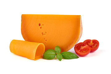 Wedge of orange French Mimolette cheese isolated on white background.