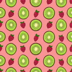 Seamless vector pattern of kiwi and raspberries. Decoration print for wrapping, wallpaper, fabric, textile.