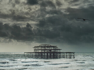 The skeletal ruins of Brighton West Pier under a dramatic sky seen from the shingle beach; a solitary seagull soaring overhead.
