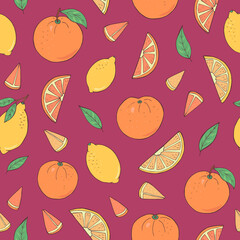 Seamless vector pattern of oranges fruits and lemons. Decoration print for wrapping, wallpaper, fabric, textile