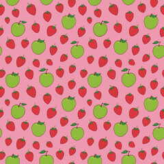 Seamless vector pattern of strawberries and apples. Decoration print for wrapping, wallpaper, fabric, textile.