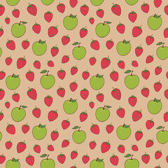 Seamless vector pattern of strawberries and apples. Decoration print for wrapping, wallpaper, fabric, textile.