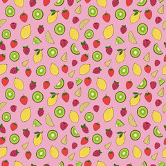 Seamless vector pattern of fruits and berries. Decoration print for wrapping, wallpaper, fabric, textile. 