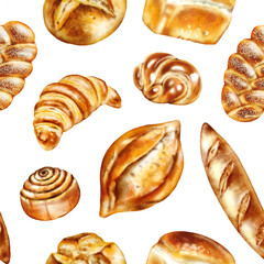 Watercolor seamless pattern - Baking: croissant, bread, baguette, french baguette, bun.