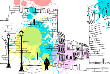 Old street of Jerusalem, black and white vector illustration in hand drawn style. Ancient walls. Jerusalem, Israel. Urban landscape sketch. Line art. Ink drawing on blobs background.