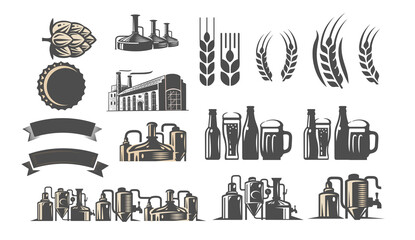 Brewery beer elements. Icons, hop lager and pub set.