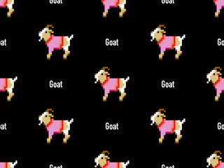 Goat cartoon character seamless pattern on black background. Pixel style.