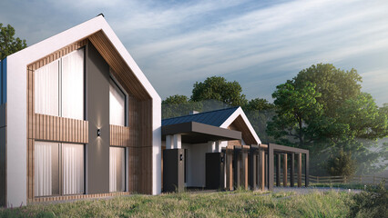 Barnhouse style. Beautiful landscape and wonderful outlook. Located in a picturesque area. 3D rendering 