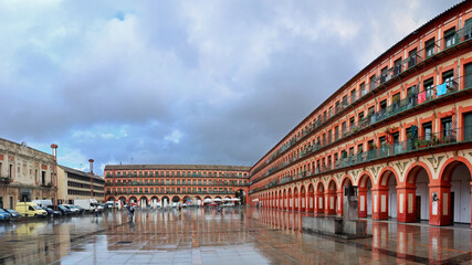 Plaza de la Corredera in the old town of Cordoba, Spain, on a rainy day