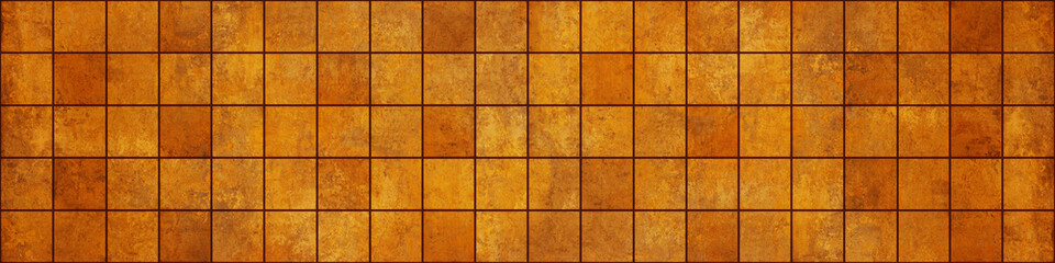 Orange yellow vintage retro geometric square mosaic motif cement tiles texture background banner panorama..