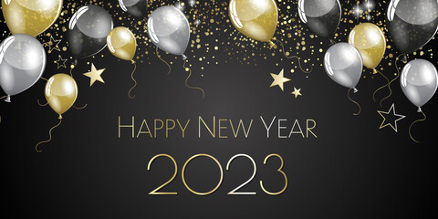 happy new year 2023 - Black and gold balloons and stars - party festive design