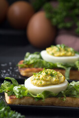 toast with stuffed eggs lettuce and parsley gastronomic environment dark background
