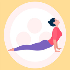 Girl in the pose of a dog face up against the background of the peace sign. Flat vector. Cartoon illustration.