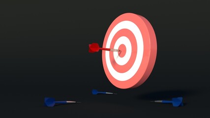 Darts. Target hit. Target on a dark background. Business goal concept. 3D render.