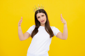 Proud arrogant woman with gold crown. Happy woman in crown, self confident queen, princess in...