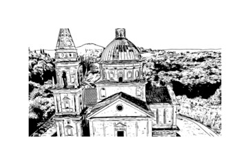 Obraz premium Building view with landmark of Montepulciano is the town in Italy. Hand drawn sketch illustration in vector.