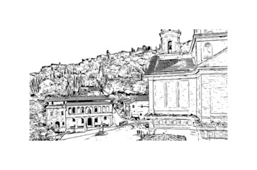 Building view with landmark of Montepulciano is the 
town in Italy. Hand drawn sketch illustration in vector.