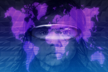 Child and metaverse, digital future concept, serious and smart girl in glasses on the background of a neon purple world map
