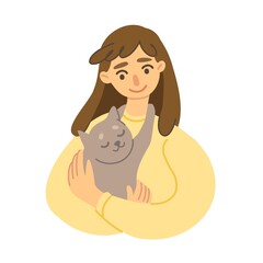 Woman hugging a cat. Girl with a pet in her arms. Portrait of cat lover. Flat style vector illustration isolated on white background.