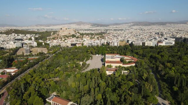 Athens, Greece. Aerial View of National Garden, Zappeion Hall and Cityscape Skyline on Sunny Summer Day, Drone Shot