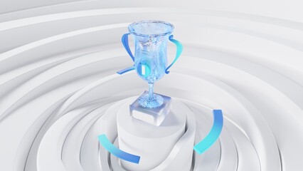 Glass luminous goblet on a light abstract background with rings 3d render