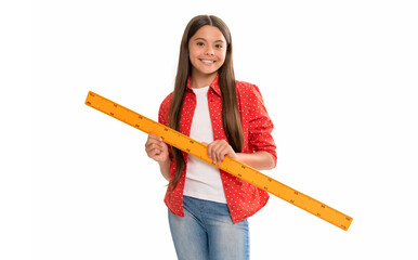 happy child hold ruler study mathematics at school isolated on white, back to school