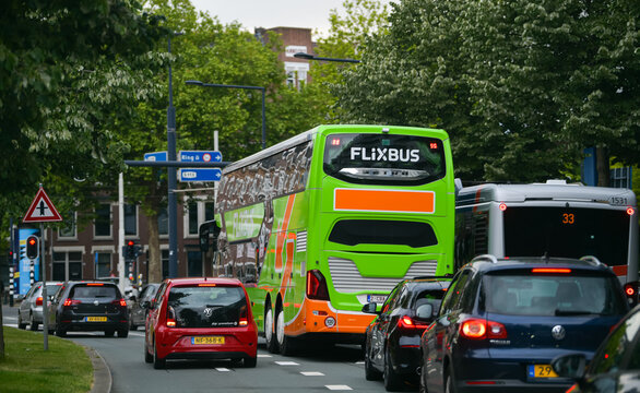 Flixbus Setra car on the streets of Rotterdam. Flixbus is a transportation company around the Europe. Netherlands, 2022.